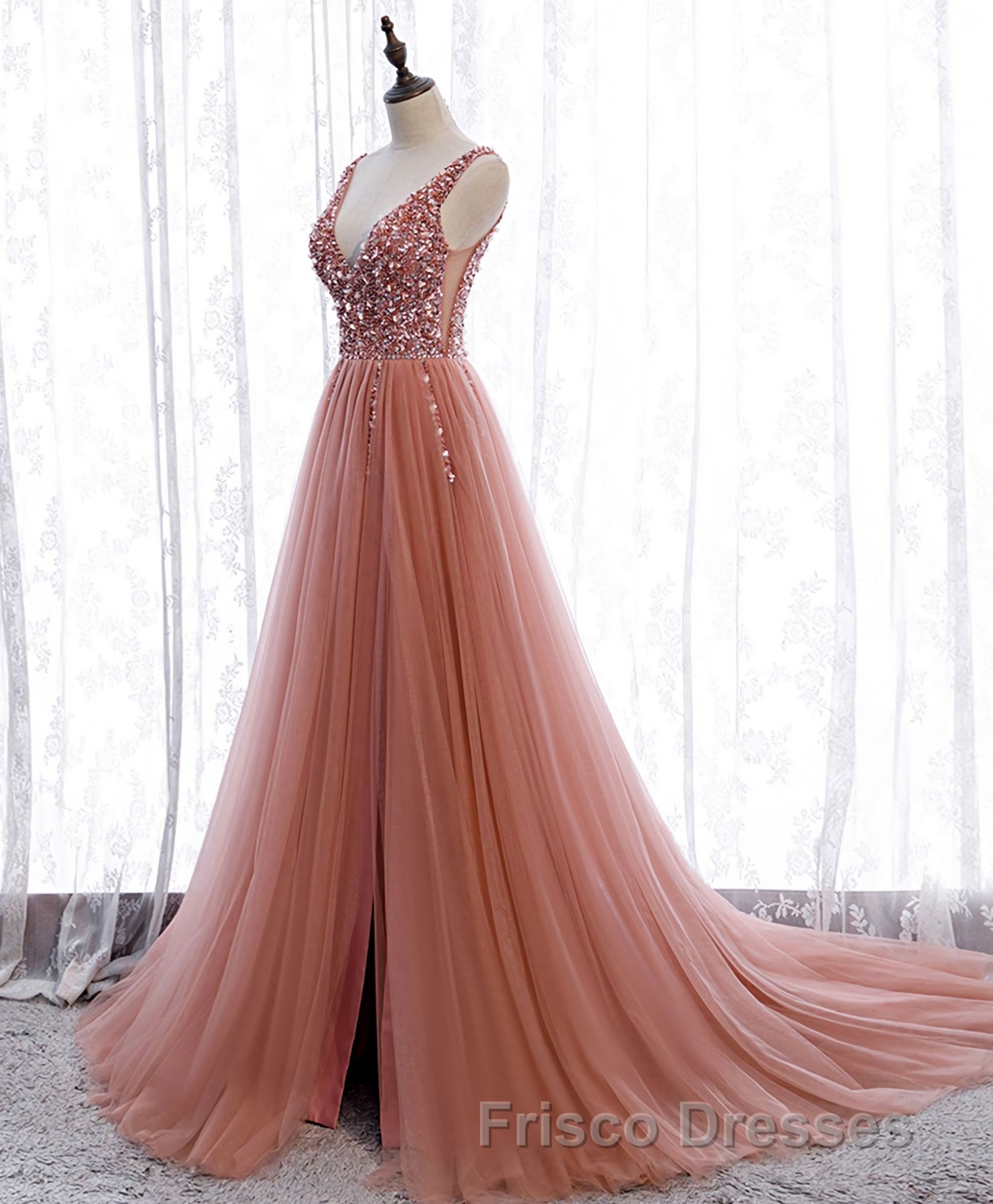 Pink V Neck Tulle Sequin Long Formal Prom Dress, Pink Formal Prom Dress Secondary image