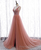 Pink V Neck Tulle Sequin Long Formal Prom Dress, Pink Formal Prom Dress