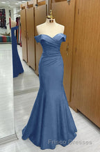 Long Navy Formal Prom Dress Mermaid Off-the-Shoulder Sweetheart Sleeveless