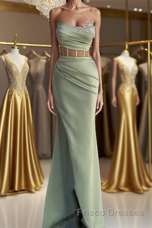 Off-the-Shoulder Mermaid Formal Prom Dresses in Dusty Sage with Beads