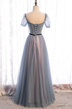 Gray Blue Tulle Long A-Line Prom Dress, Cute Short Sleeve Evening Dress