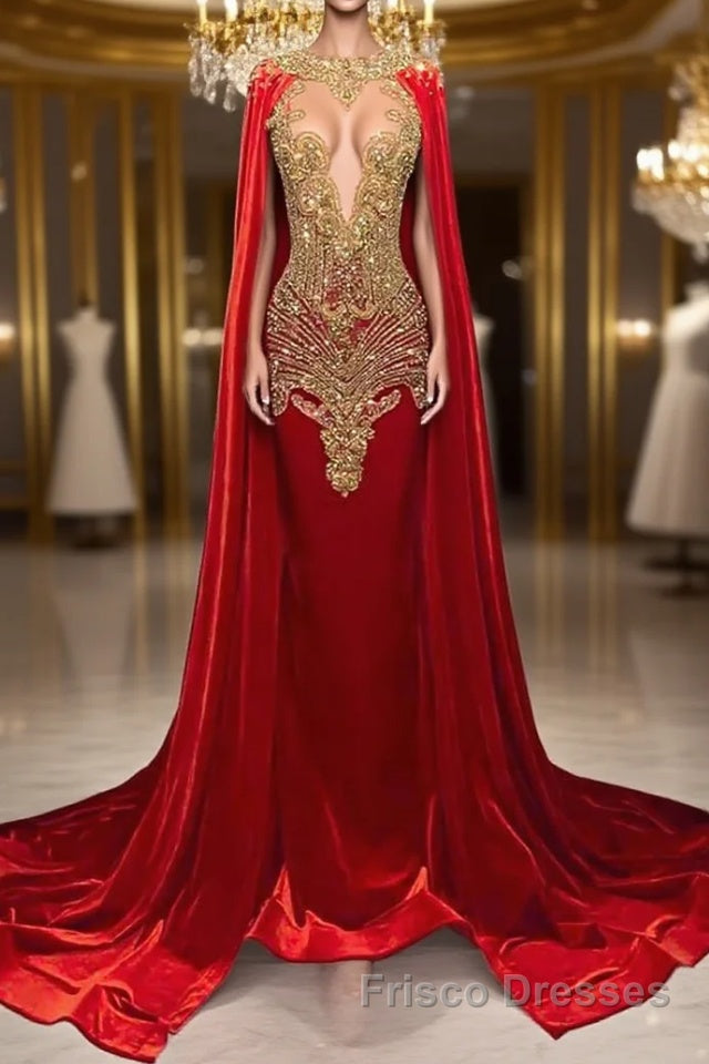 Mermaid Formal Prom Dresses with Red Scoop Neckline and Beadings Cape Main image