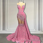 V-Neck Sequins Formal Prom Dresses Mermaid Sleeveless Crystal.