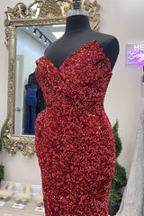 Asymmetrical Burgundy Sequin Strapless Mermaid Long Prom Dress with Slit