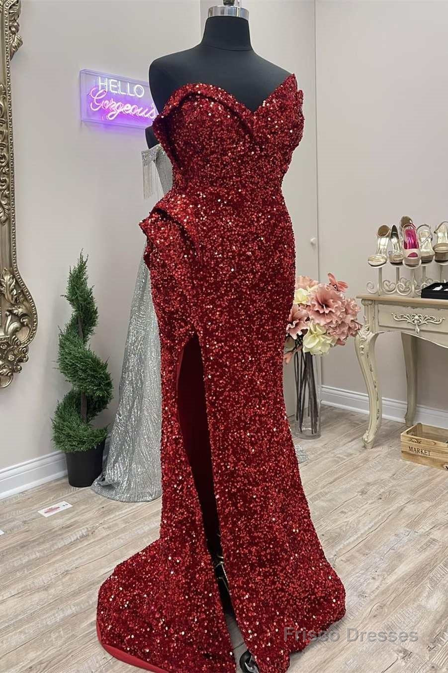 Asymmetrical Burgundy Sequin Strapless Mermaid Long Prom Dress with Slit Main image