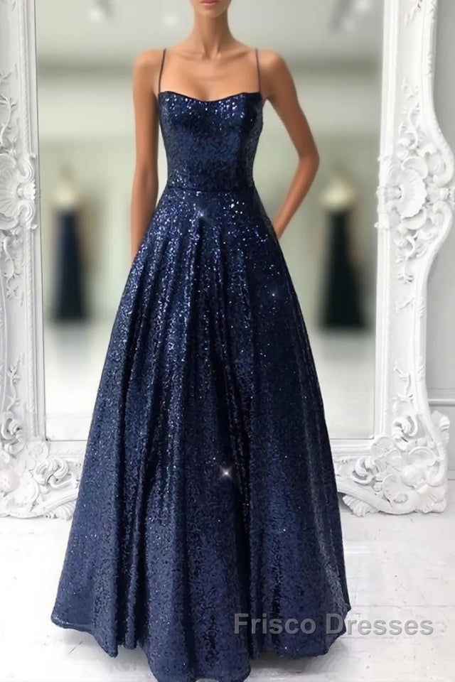 Long Navy Blue Sequin Formal Prom Dress