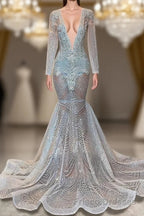 Mermaid Formal Prom Dresses with Deep V-Neck Long Sleeves Beadings