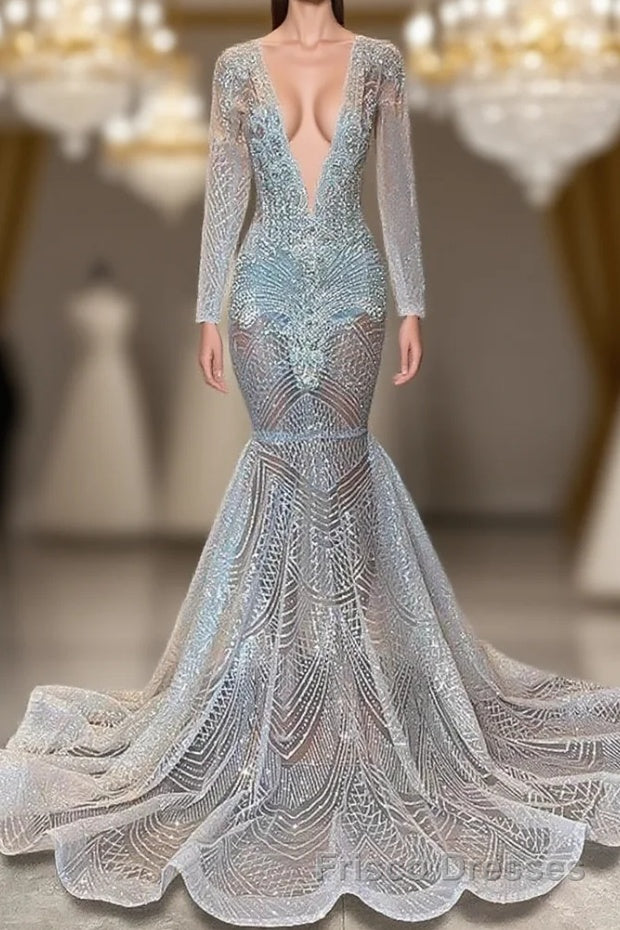 Mermaid Formal Prom Dresses with Deep V-Neck Long Sleeves Beadings