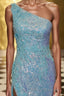 One-Shoulder Sequins Long Formal Prom Dress with Floral Appliques