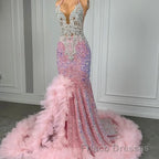 Pink Halter Mermaid Formal Prom Dresses with Sequins Beadings and Tulle Ruffle