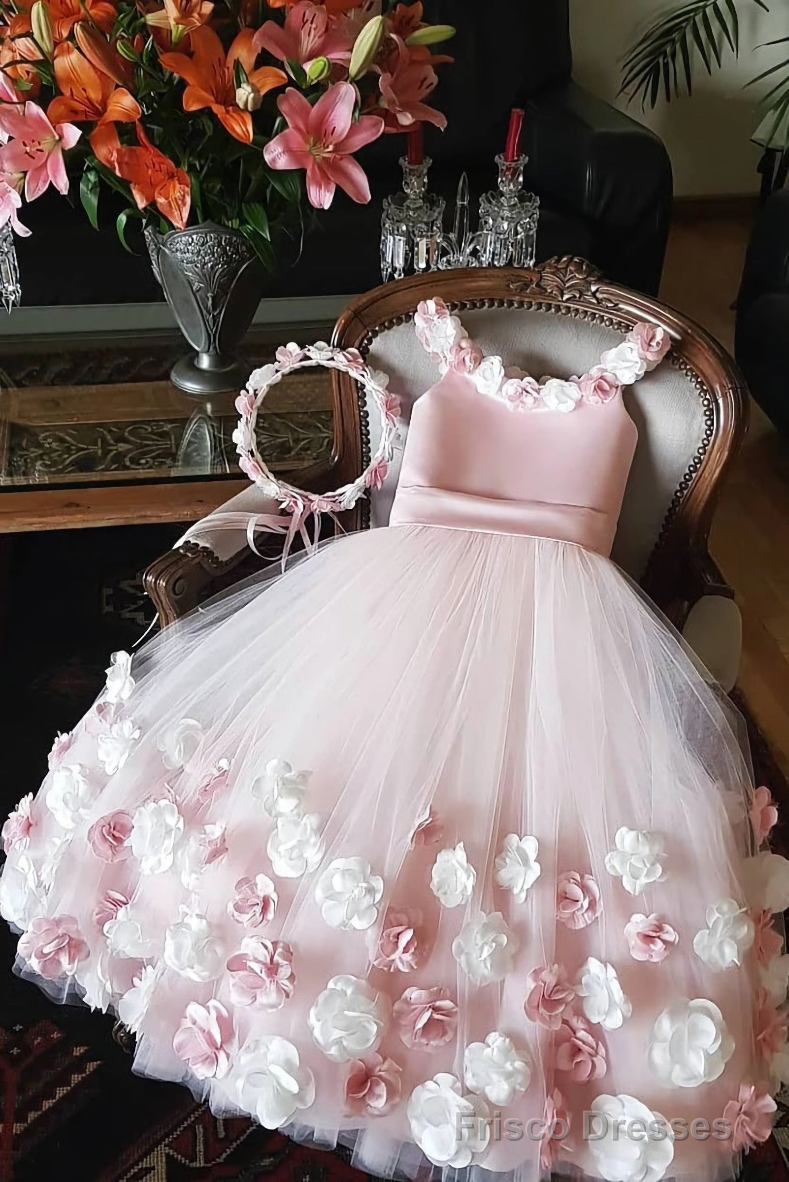 A Line Round Neck Pink Hand Made Flowers Flower Girl Dresses, Tulle Wedding Party Dresses, Main image