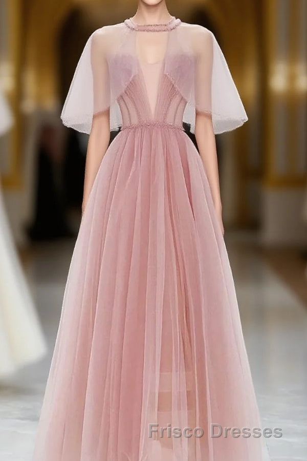 Pink Tulle Tea Length Formal Prom Dress, Pink Tulle Formal Prom Dress Main image