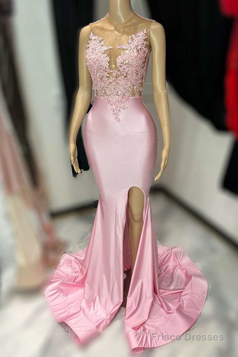 Pink Lace Satin Mermaid Long Prom Dress with Slit Main image