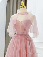 Pink Tulle Tea Length Formal Prom Dress, Pink Tulle Formal Prom Dress