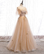 Champagne Round Neck Tulle Lace Long Formal Prom Dress, Formal Prom Dress