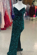 Red Sequin Cowl Neck Lace-Up Back High-Low Formal Prom Dress