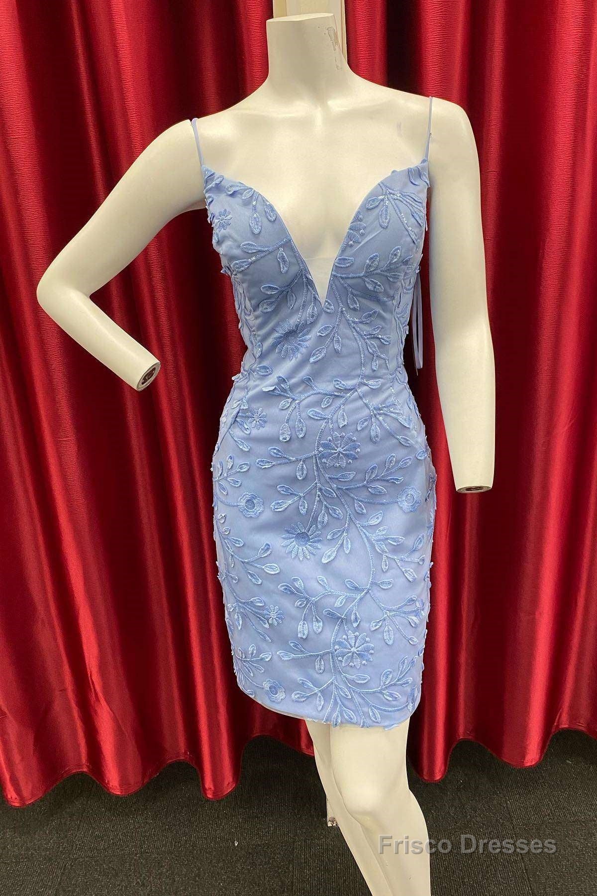 Periwinkle Appliques Plunge V Lace-Up Homecoming Dress Main image