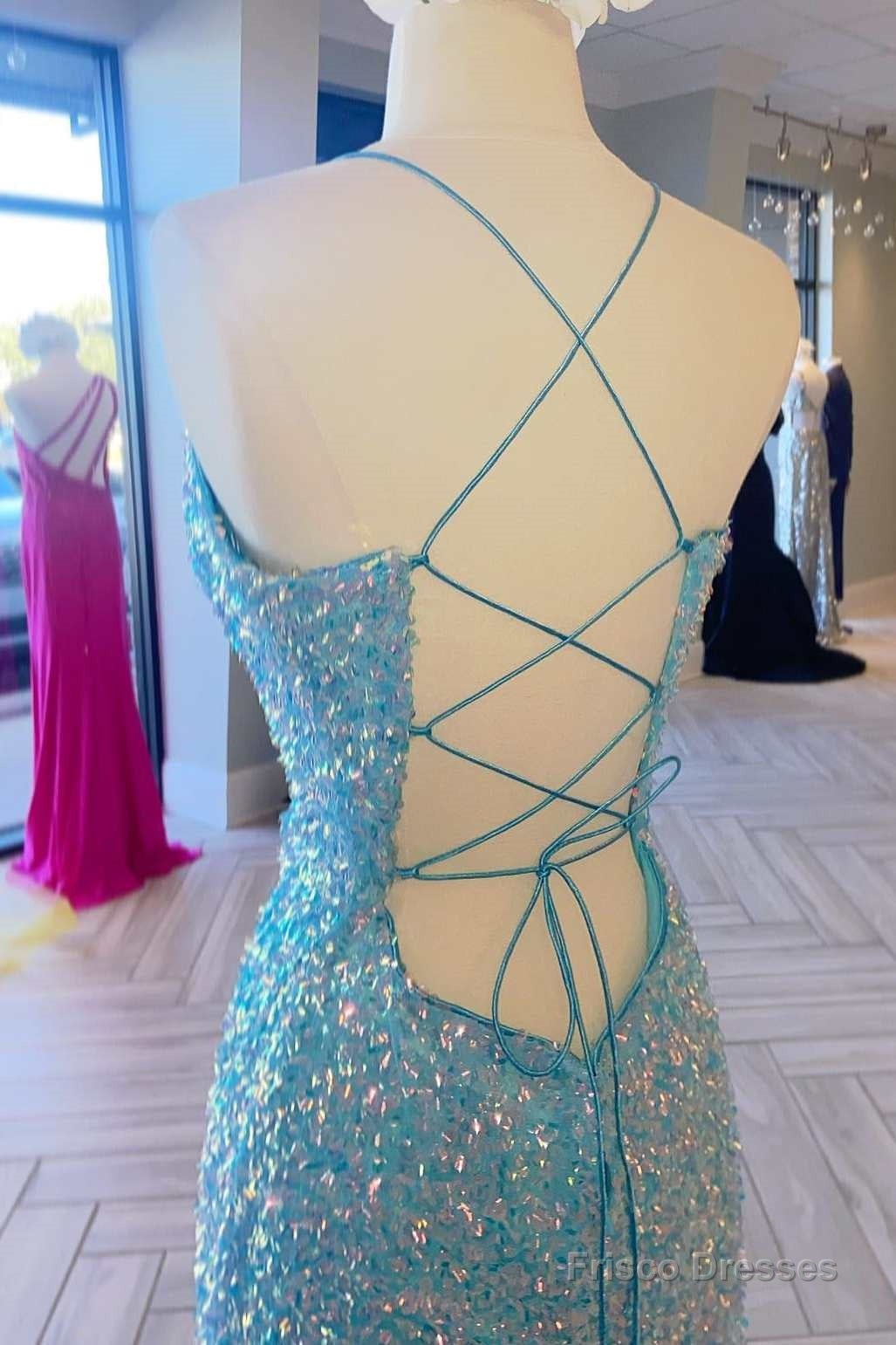 Blue Iridescent Sequin Lace-Up Long Prom Dress with Slit Secondary image