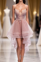 Pink Tulle Lace High Low Formal Prom Dress, Pink Homecoming Dress, 1