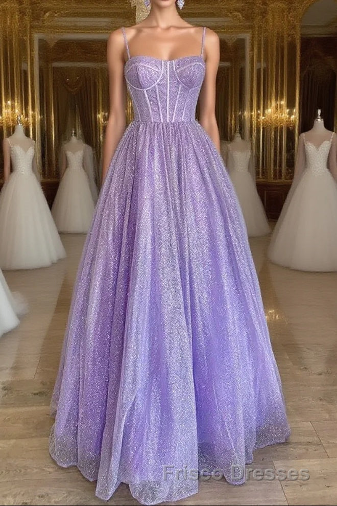 Spaghetti Straps Sparkly Lilac A Line Formal Prom Dress Sequin Evening Dress