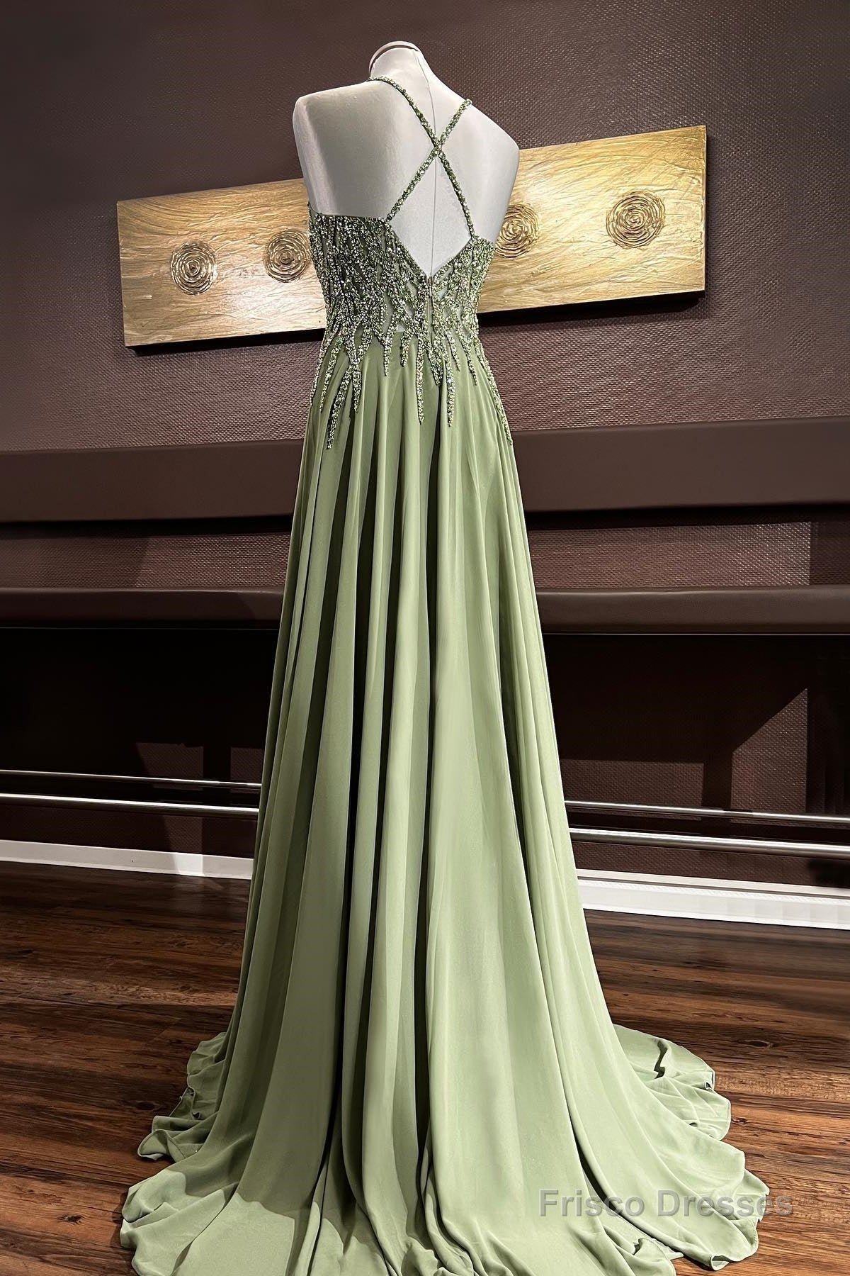 Dusty Sage Beaded Cross Back V Neck Seqins-Embroidery Long Prom Dress Secondary image