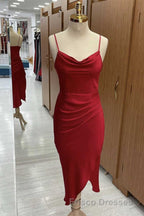 Red Cowl Neck Spaghetti Straps Bodycon Formal Prom Dress