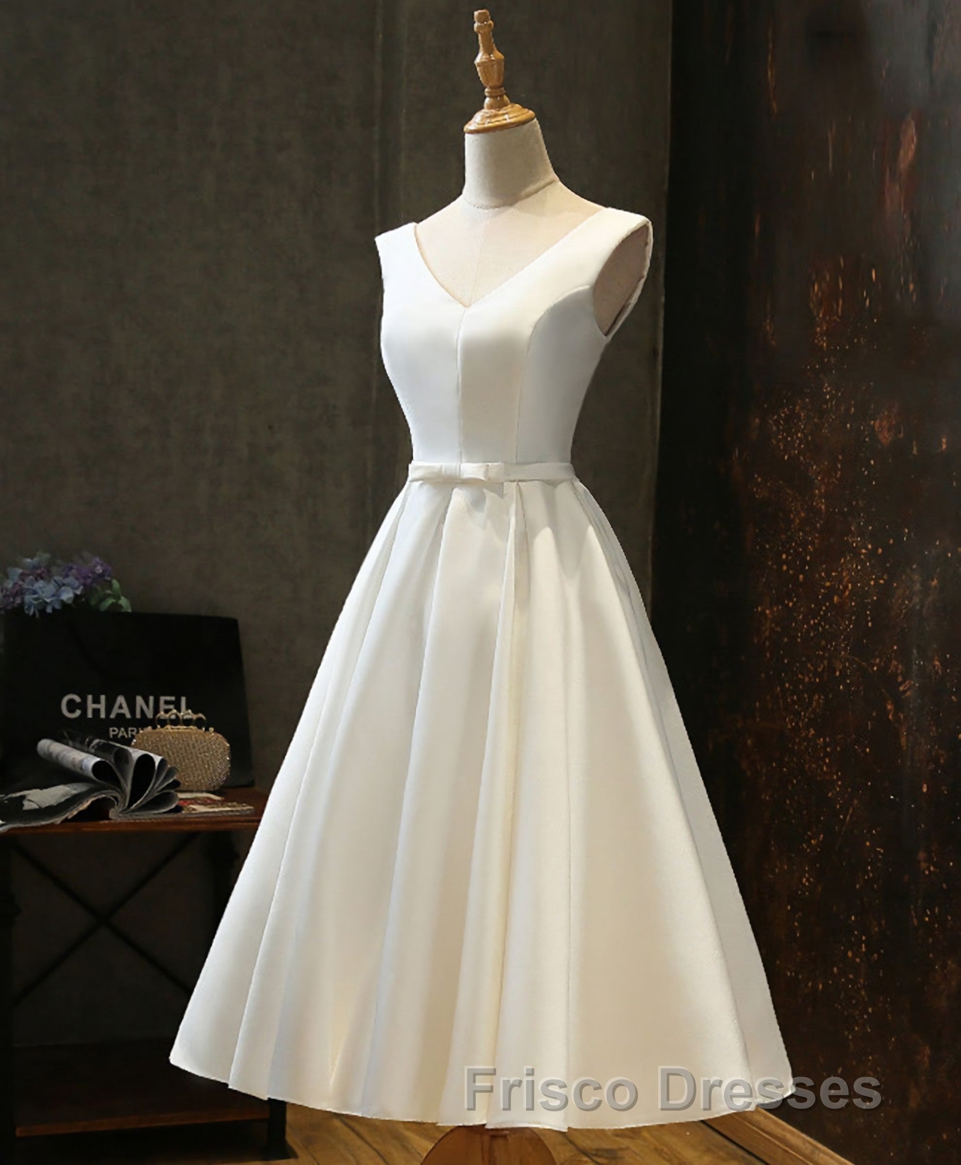 Simple V Neck White Short Formal Prom Dress, White Homecoming Dress