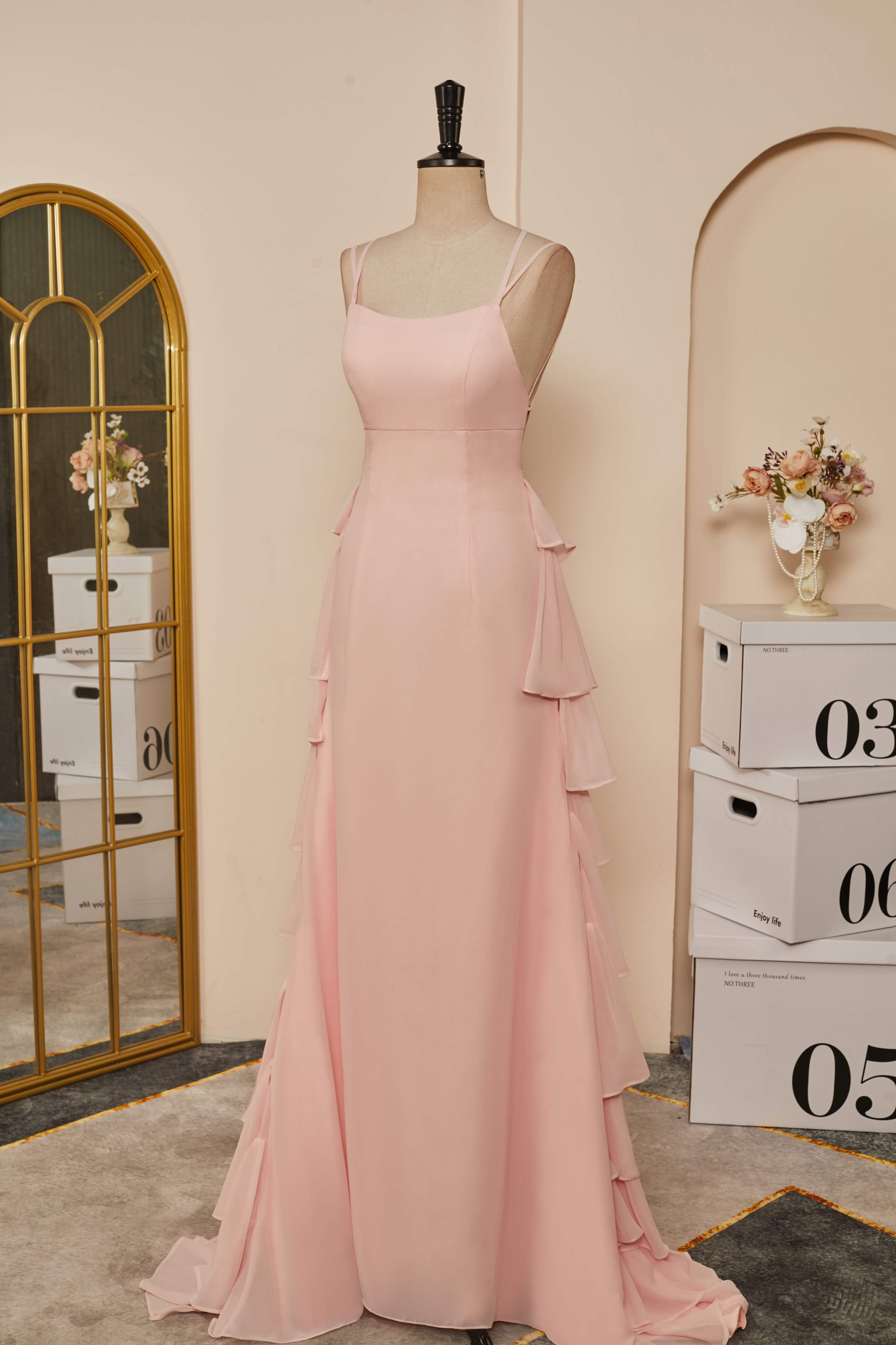 Pink Lace-Up Mermaid Layers Long Prom Dresses