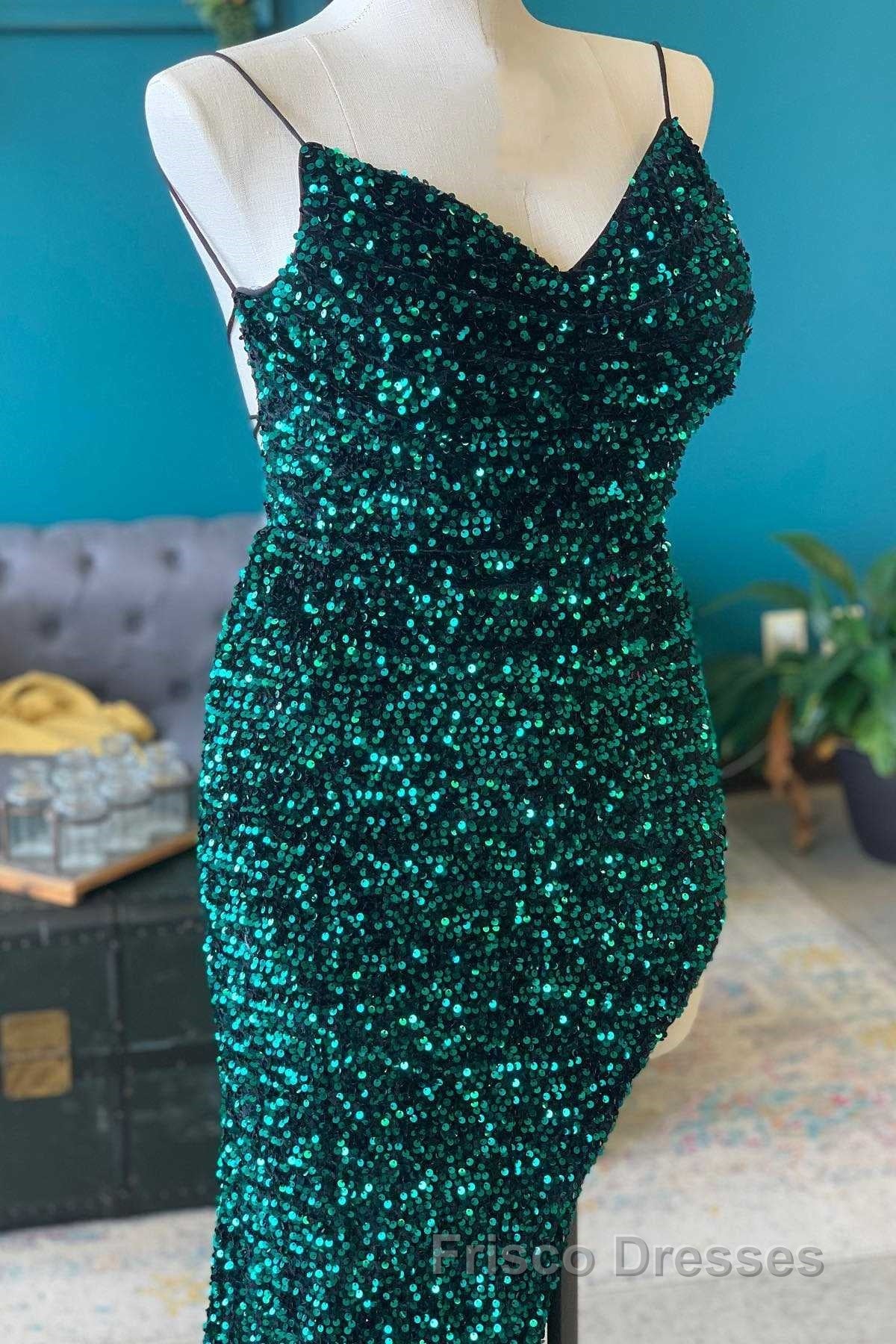 Red Sequin Cowl Neck Lace-Up Back High-Low Formal Prom Dress