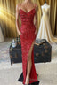 Red Sequin Cowl Neck Lace-Up Back High-Low Formal Prom Dress
