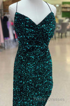 Red Sequin Cowl Neck Lace-Up Back High-Low Formal Prom Dress