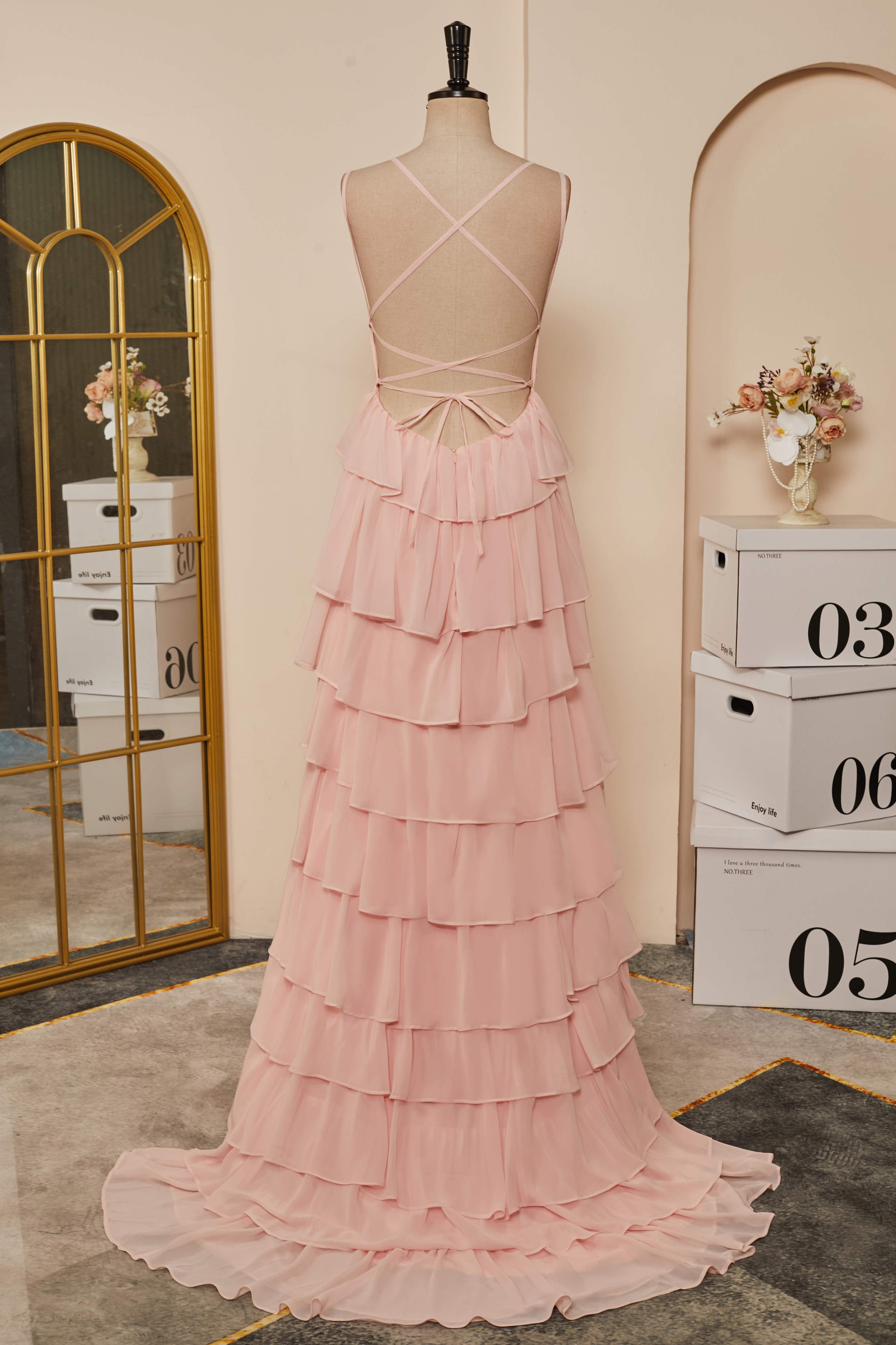 Pink Lace-Up Mermaid Layers Long Prom Dresses Secondary image