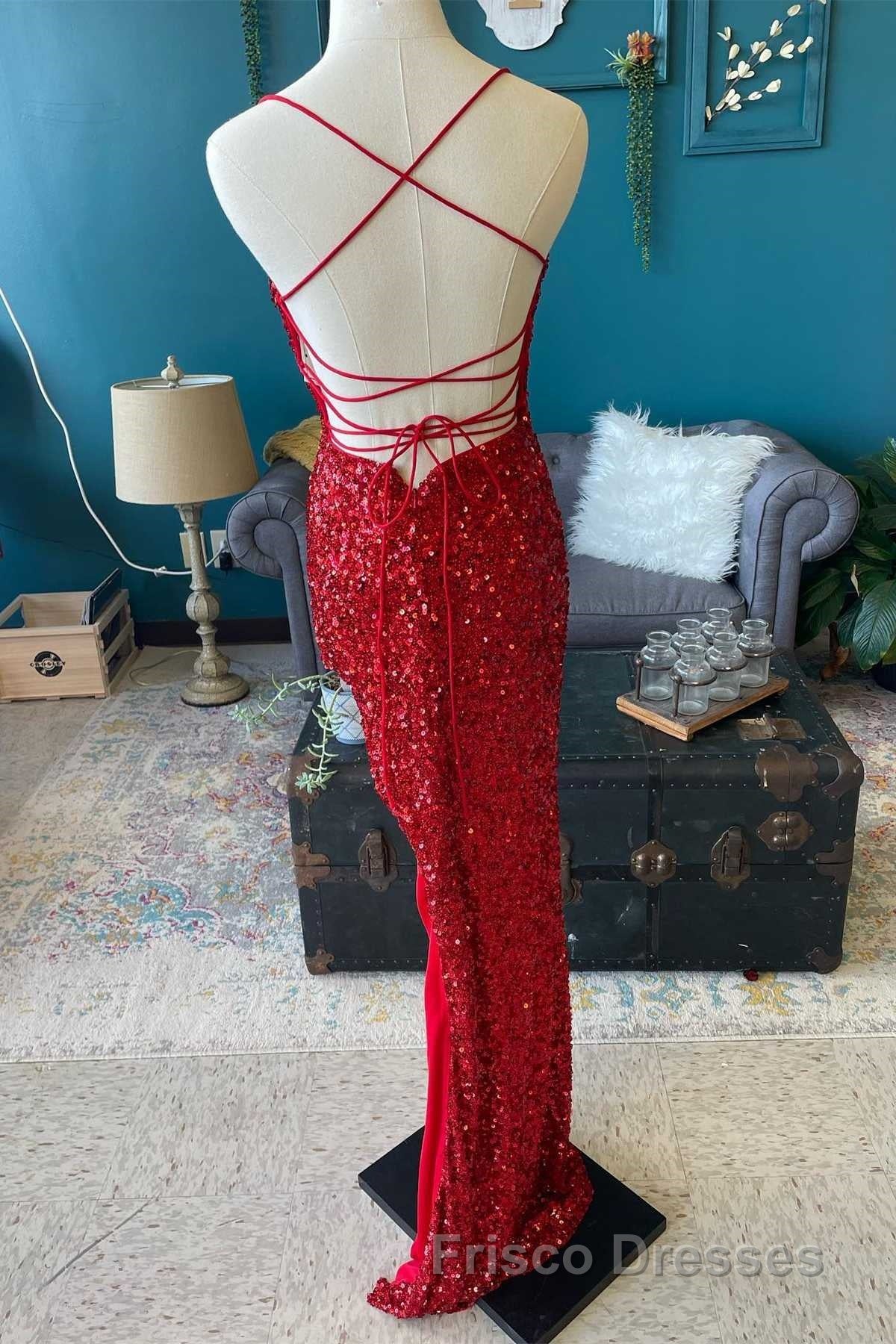 Red Sequin Cowl Neck Lace-Up Back High-Low Formal Prom Dress Secondary image