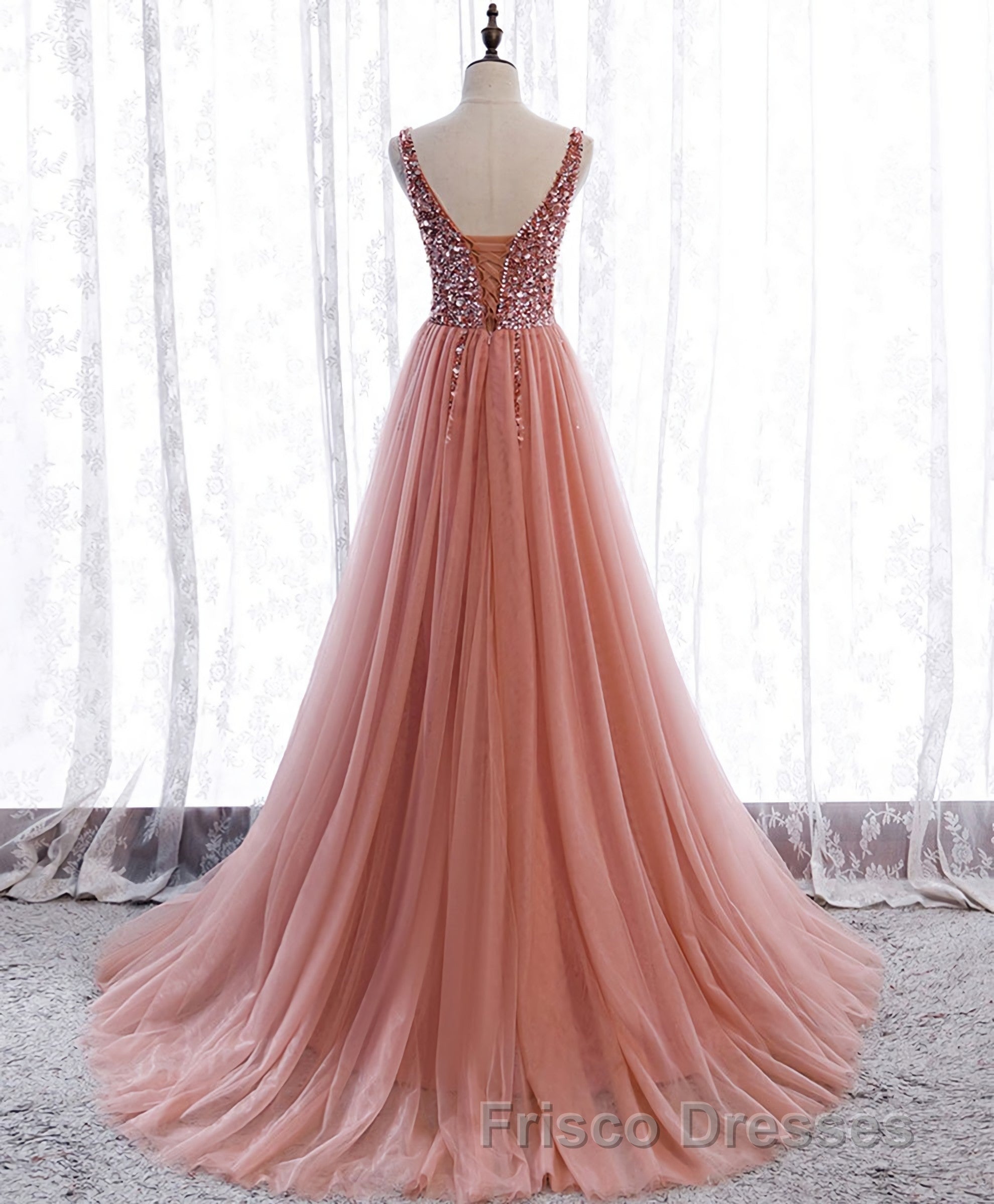Pink V Neck Tulle Sequin Long Formal Prom Dress, Pink Formal Prom Dress