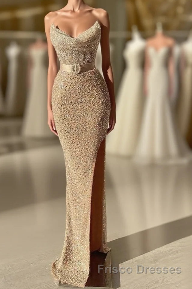 Strapless Sweetheart Mermaid Formal Prom Dresses with Long Beads and Sequins