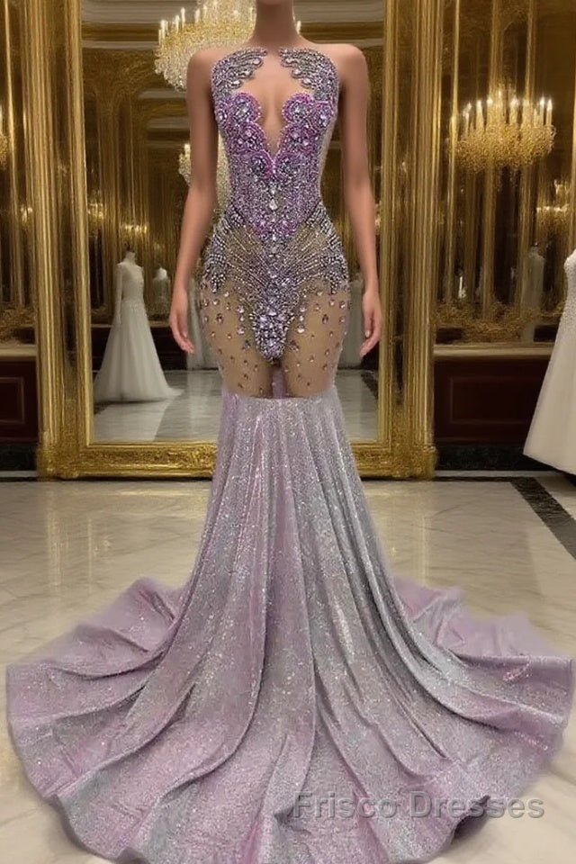 Purple Mermaid Formal Prom Dresses Sleeveless with Long Beadings Main image