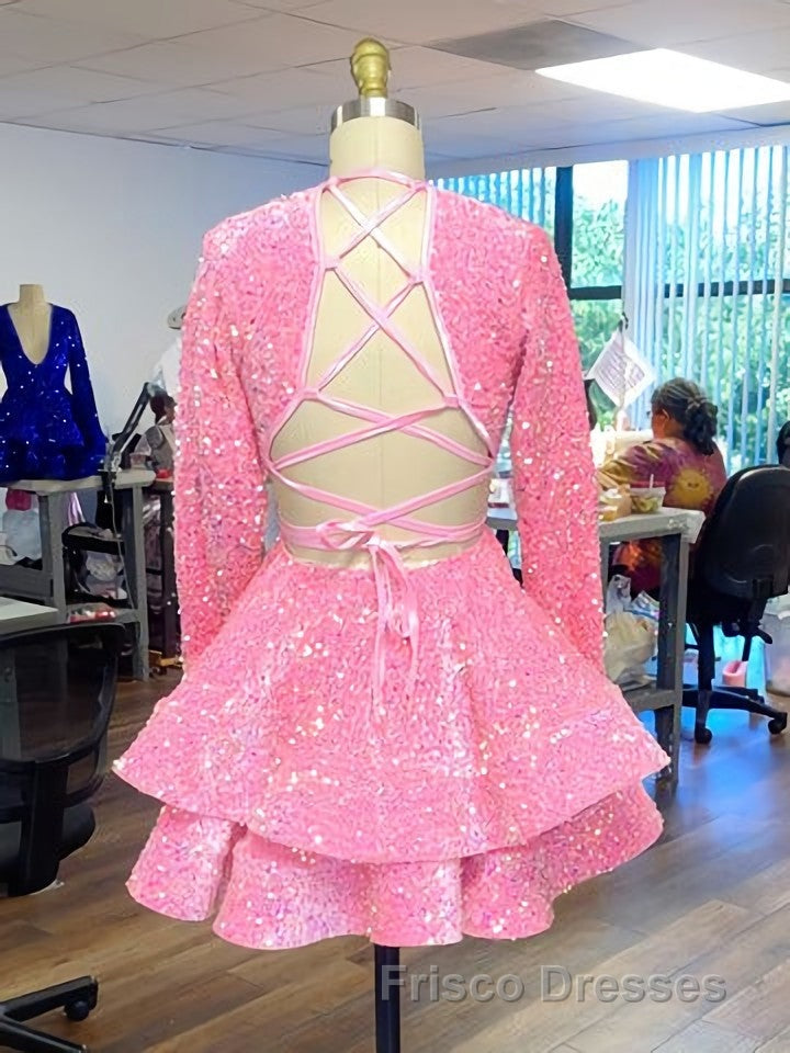 Pink Cocktail Dress A-Line V-Neck Long Sleeve Shiny Sequin Homecoming Dress