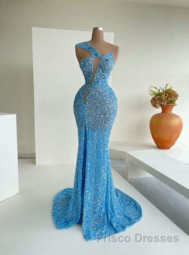 Ocean Blue Sequins One-Shoulder Mermaid Long Formal Prom Dresses With Split Secondary image