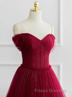A-line Sweetheart Neck Tulle Burgundy Long Formal Prom Dress, Off Shoulder Burgundy Formal Prom Dress