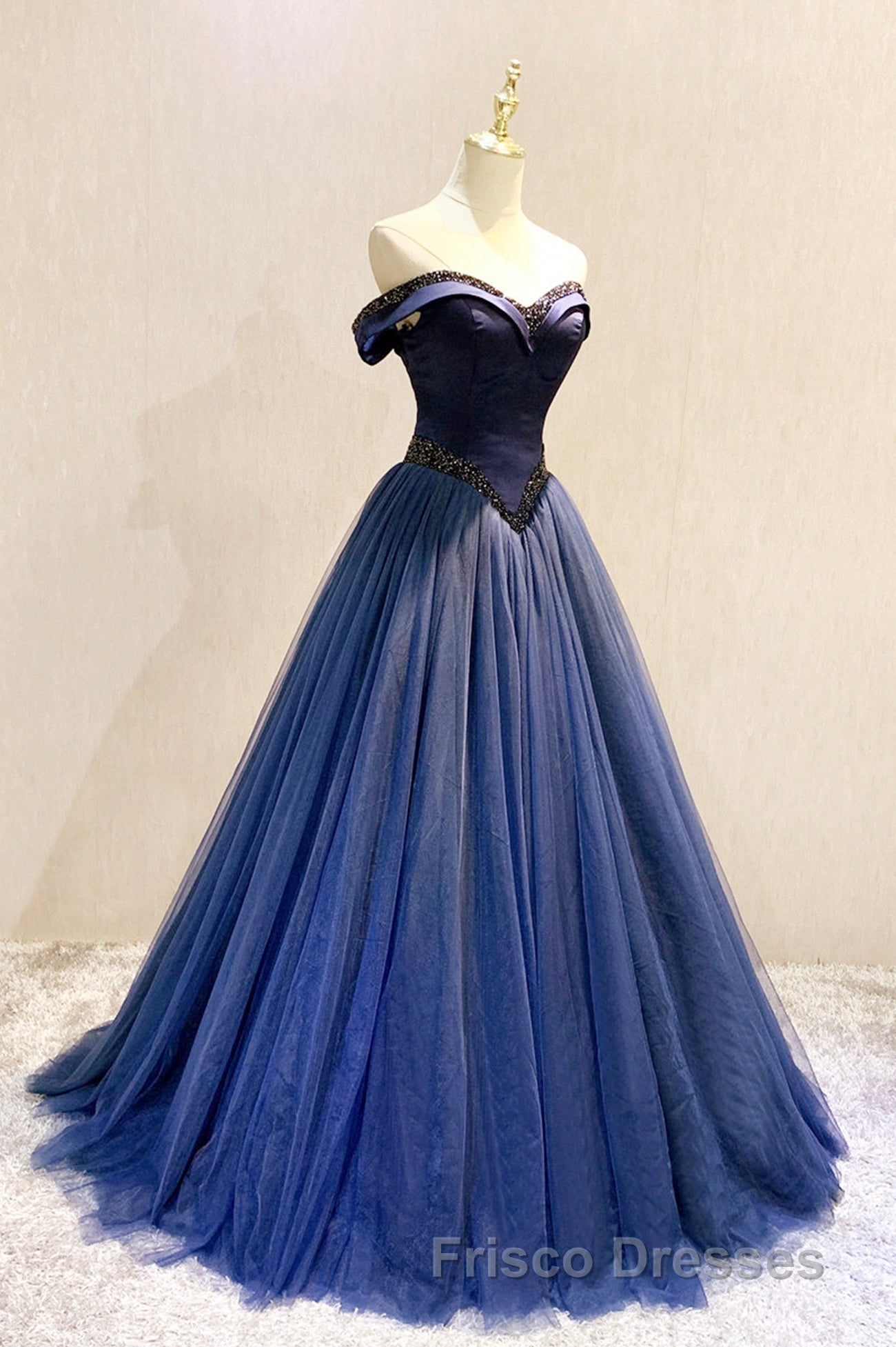 A-Line Tulle Beading Long Formal Prom Dress, Off the Shoulder Evening Dress