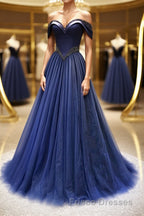 A-Line Tulle Beading Long Formal Prom Dress, Off the Shoulder Evening Dress