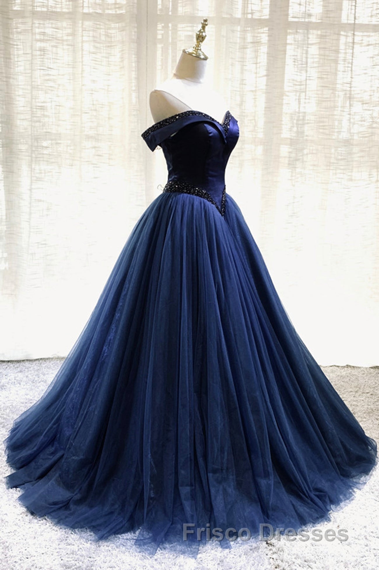A-Line Tulle Beading Long Formal Prom Dress, Off the Shoulder Evening Dress