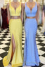 Two Piece Yellow-Blue Mermaid Long Formal Prom Dress with Side Slit