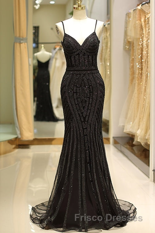 Mermaid Spaghetti Strap Black Beaded Formal Prom Evening Dress