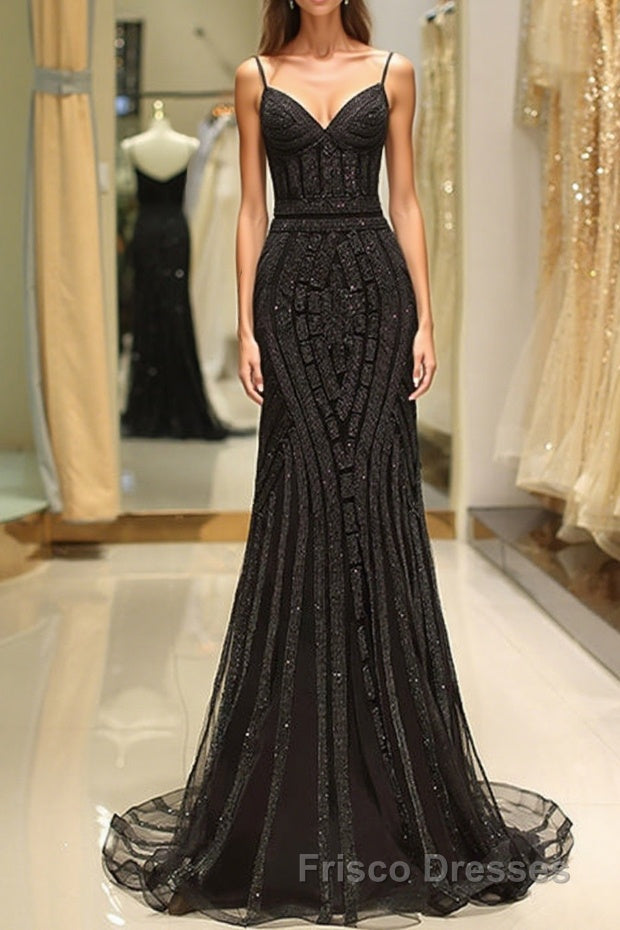 Mermaid Spaghetti Strap Black Beading Long Formal Prom Dress Main image