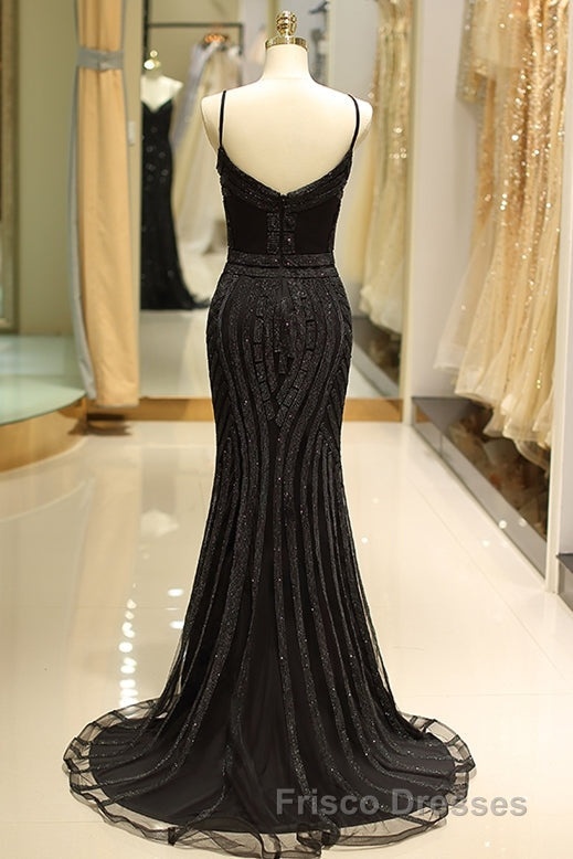Mermaid Spaghetti Strap Black Beaded Formal Prom Evening Dress