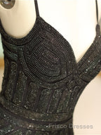 Mermaid Spaghetti Strap Black Beaded Formal Prom Evening Dress