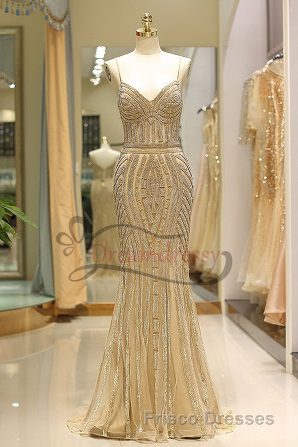Mermaid Spaghetti Strap Black Beading Long Formal Prom Dress