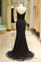 Mermaid Spaghetti Strap Black Beading Long Formal Prom Dress
