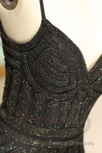 Mermaid Spaghetti Strap Black Beading Long Formal Prom Dress